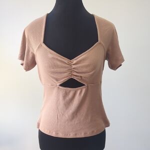 Melrose and Market Tan Ruched Cut-Out Blouse